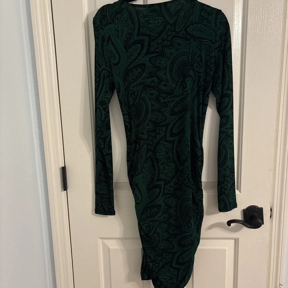 Michael Kors Paisley Rouched Side Dress Midi Cowl Green Black Bodycon Size Small